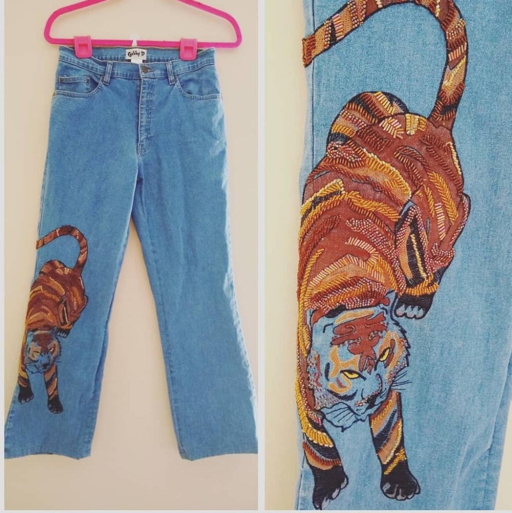 Blue Denim Wide Leg Jeans with Embroidered Tiger